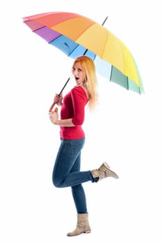 blonde young woman with rain screen