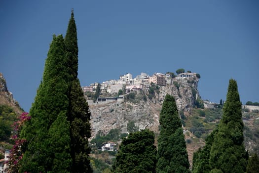 The mountain Village of  Castelmola over the old Town of  Taormina in Sicily in south Italy in Europe.