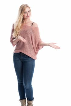 a blonde woman gesticulated with her hands