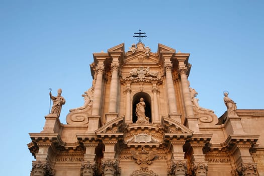 The Piazza del Domo in the old Town of Siracusa in Sicily in south Italy in Europe.