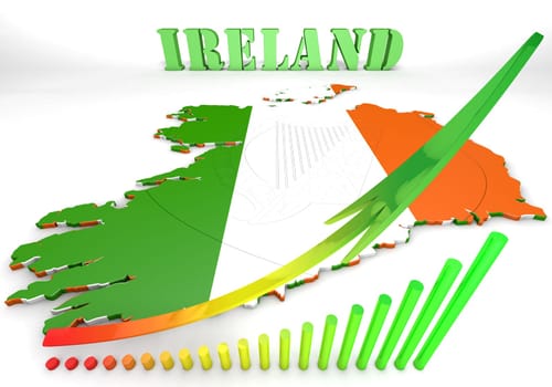 3D map illustration of Ireland with flag and coat of arms