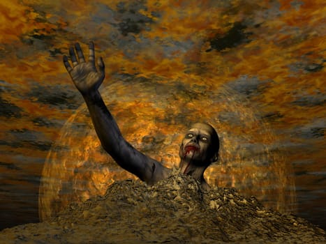 One zombie hand up by full moon in dark sky for Halloween - 3D render