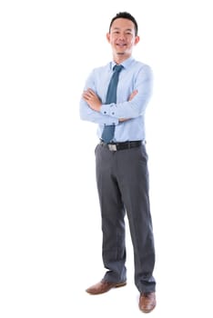 Middle aged Asian business man smiling, full length standing isolated over white background.