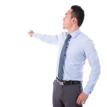 Asian business man hand pointing away, isolated over white background.
