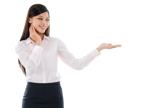 Young mixed race pan Asian business woman palm holding something, with copy space isolated on white background.