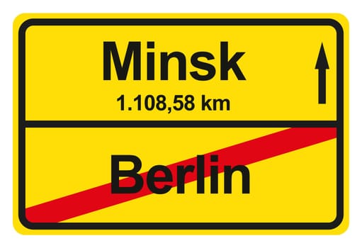 A yellow exit sign with the distance from one place to another.
