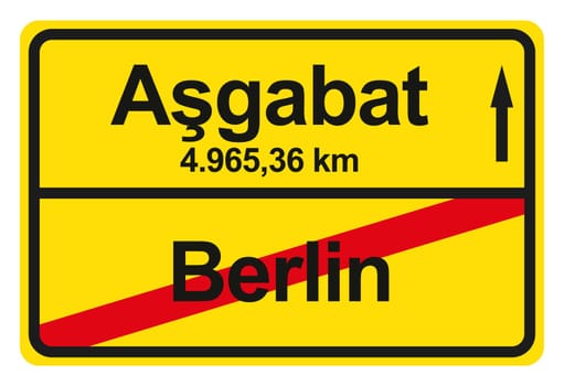 A yellow exit sign with the distance from one place to another.