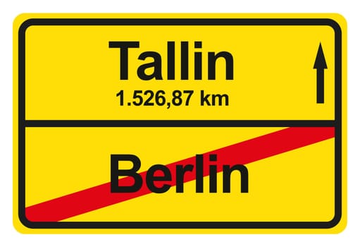 A yellow exit sign with the distance from one place to another.