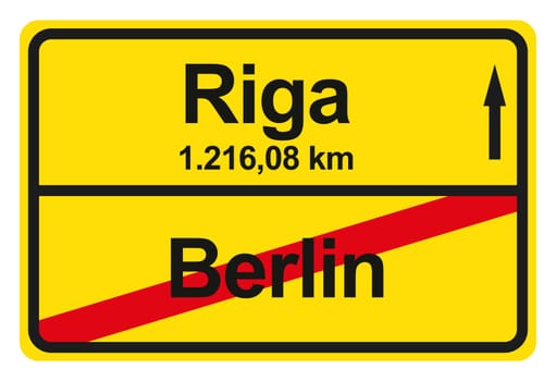 A yellow exit sign with the distance from one place to another.