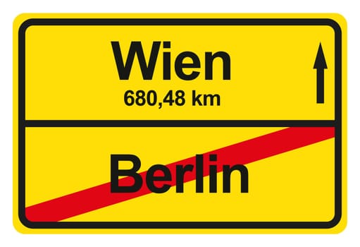 A yellow exit sign with the distance from one place to another.