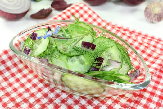 a bowl of cucumber salad with dill and red onions