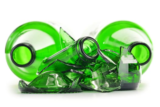 Pieces of broken glass over white background. Recycling.