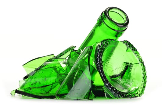 Pieces of broken glass over white background. Recycling.