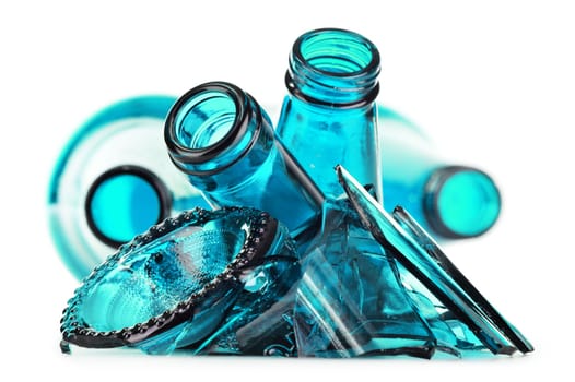 Pieces of broken glass over white background. Recycling.