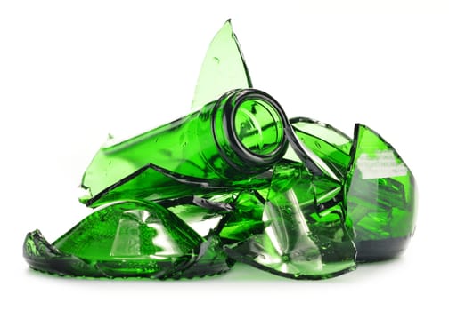 Pieces of broken glass over white background. Recycling.