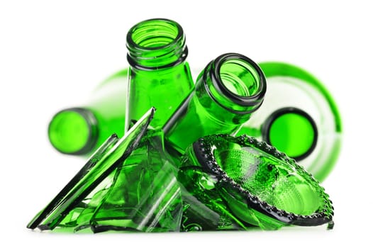 Pieces of broken glass over white background. Recycling.