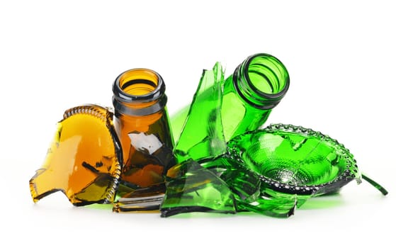 Pieces of broken glass over white background. Recycling.