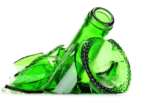 Pieces of broken glass over white background. Recycling.
