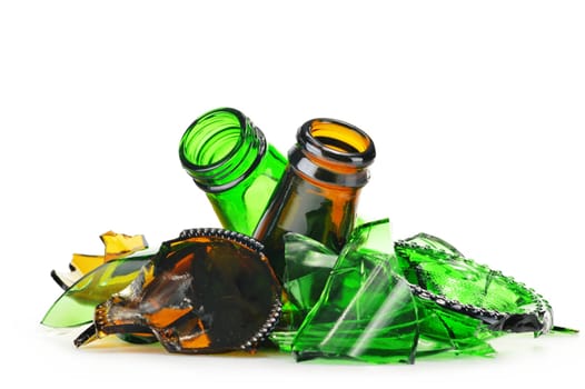 Pieces of broken glass over white background. Recycling.