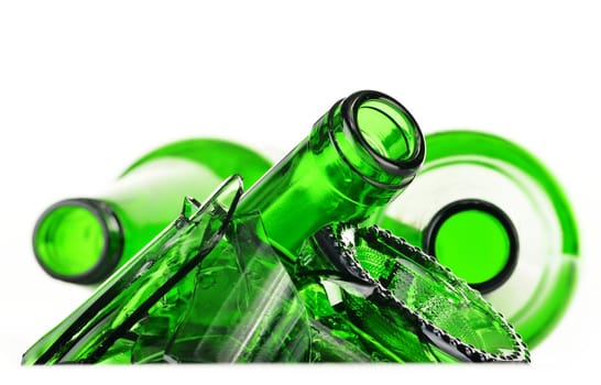 Pieces of broken glass over white background. Recycling.