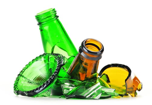 Pieces of broken glass over white background. Recycling.