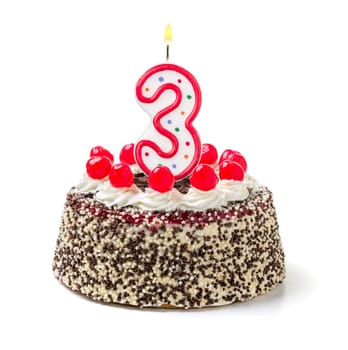 Birthday cake with burning candle number 3