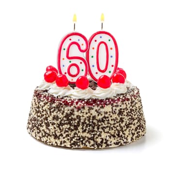 Birthday cake with burning candle number 60