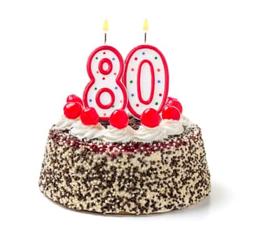 Birthday cake with burning candle number 80