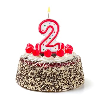 Birthday cake with burning candle number 2