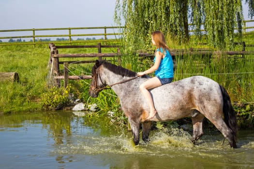 young girl riding a horse outdoors