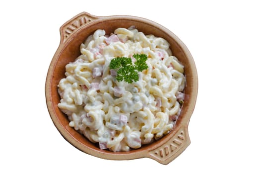 Photo of delicious delicious pasta salad with fresh vegetables insulated on background