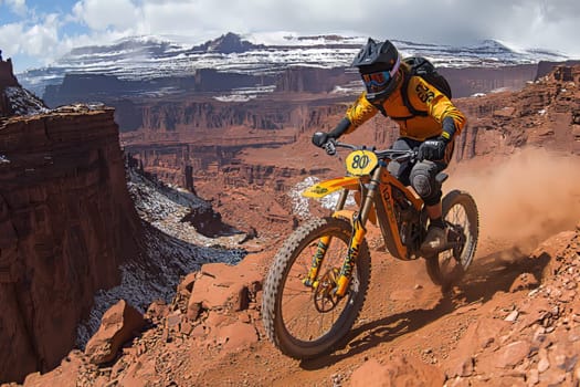 Rider navigates steep cliffs and rocky paths of a desert landscape with scenic snow-covered peaks in the distance, showcasing skill.