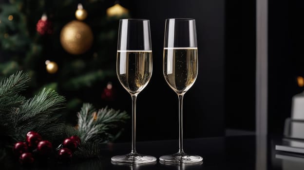 glass of champagne on christmas festive table, Generative AI, holidays