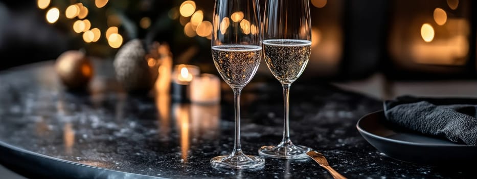 glass of champagne on christmas festive table, Generative AI, holidays