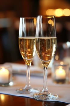 glass of champagne on christmas festive table, Generative AI, holidays