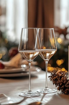 glass of champagne on christmas festive table, Generative AI, holidays