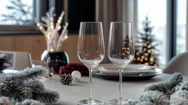 glass of champagne on christmas festive table, Generative AI, holidays