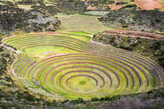 Concentric circles of the old Inca ruins of Moray in the Sacred Valley near Cusco, Peru