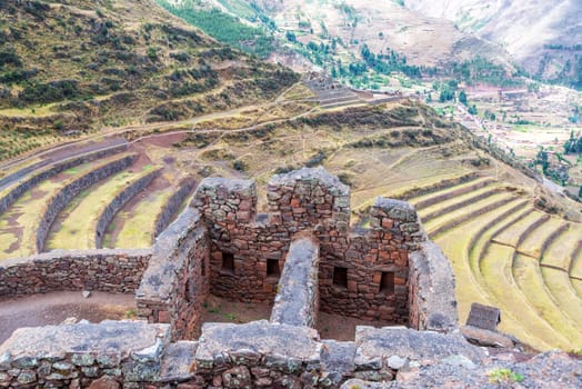 Ancient Incan ruins at Pisac in the Sacred Valley near Cusco, Peru