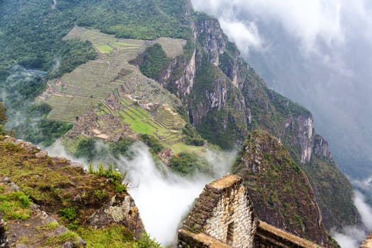Aerial view of Machu Picchu as seen from the mountain peak of Wayna Picchu