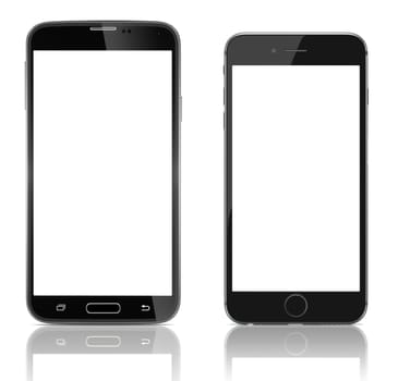 Comparison two new smartphones side by side. new Smartphones with blank screen on white background