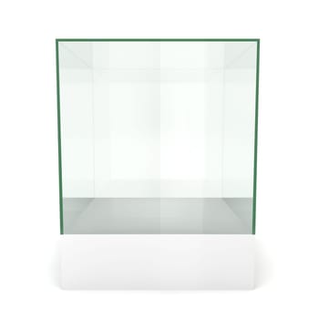 Glass cube on pedestal. 3d illustration on white background