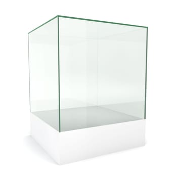 Glass cube on pedestal. 3d illustration on white background