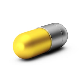 3d render of gold and silver pill on white background
