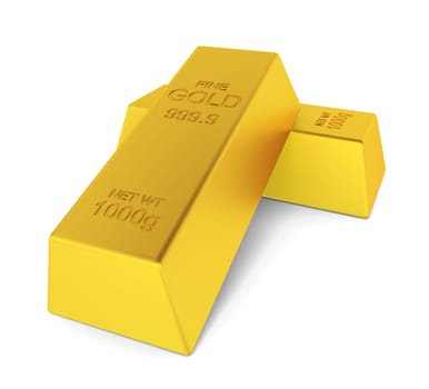 Two golden ingots. 3d illustration on white background
