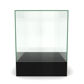 Glass cube on pedestal. 3d illustration on white background