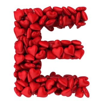 E letter made of little hearts. 3d illustration on white background
