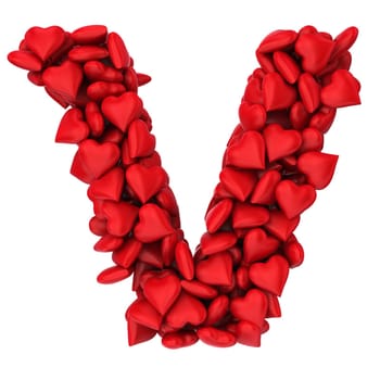 V letter made of little hearts. 3d illustration on white background