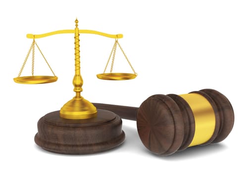 Judge hammer with scales, law concept. 3d illustration on white background