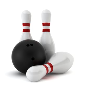 Three bowling skittles and a ball - 3d render on white